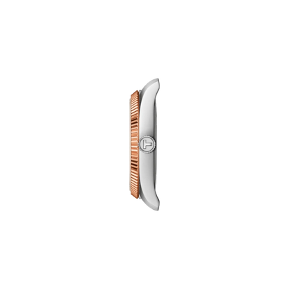 Wristwatch with rose gold and silver design on a white background