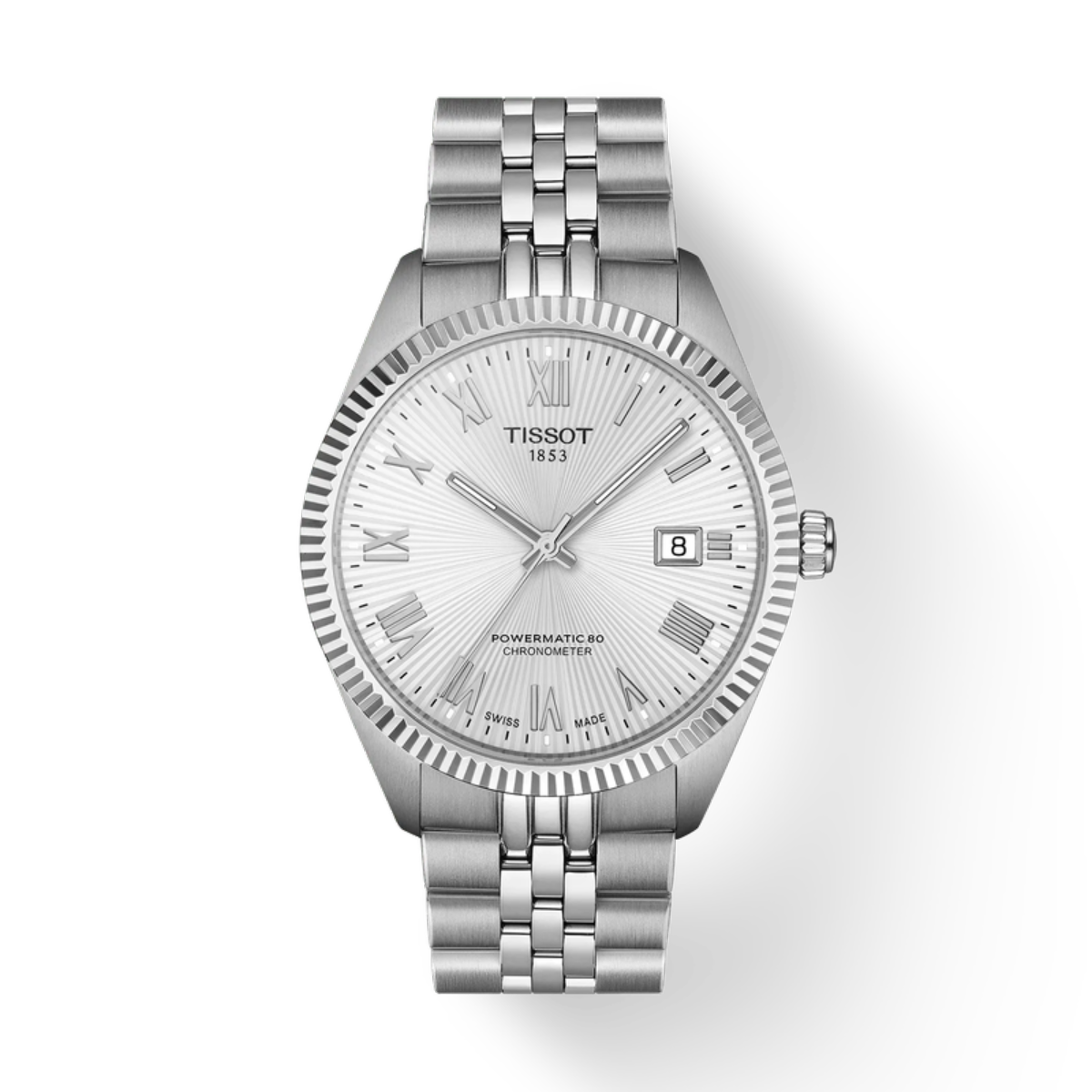 Silver Tissot watch on a white background