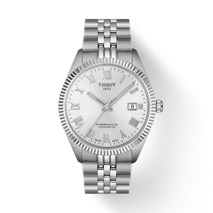 Silver Tissot watch on a white background