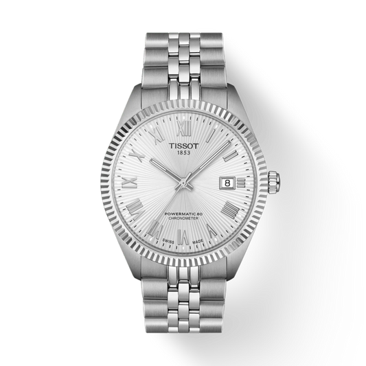 Silver Tissot watch on a white background