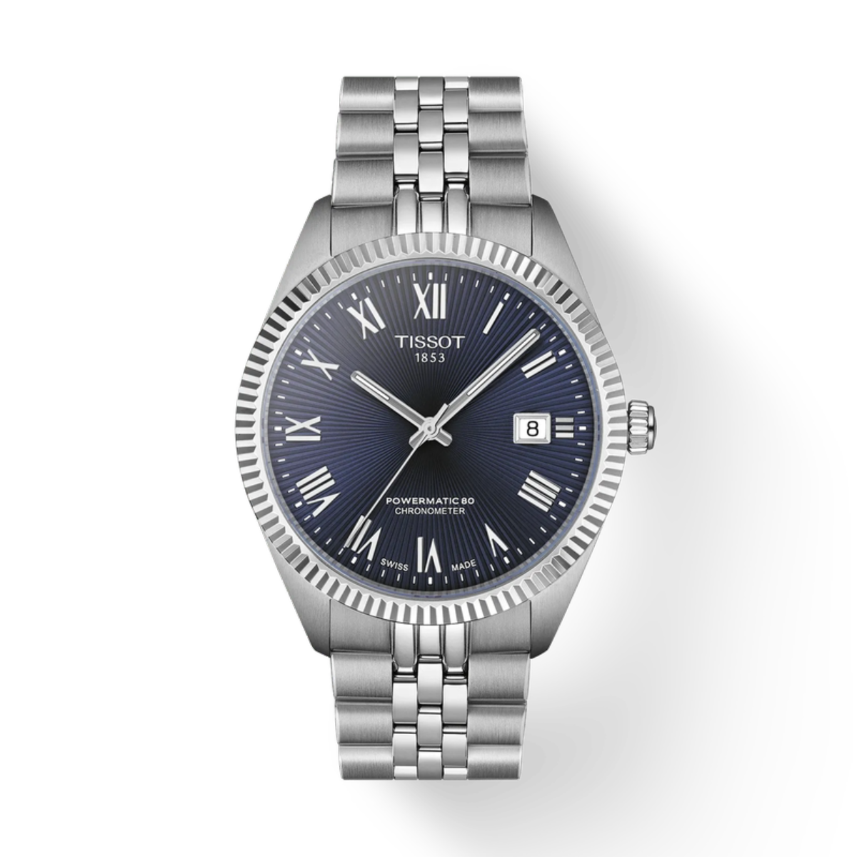 Silver Tissot watch with blue dial on a white background