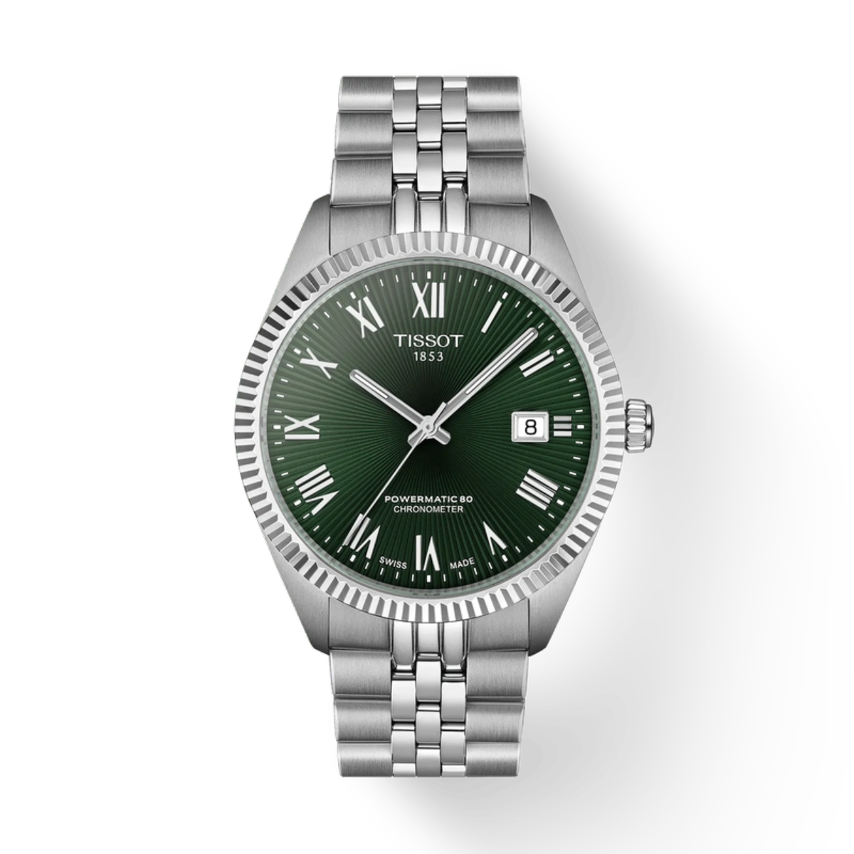 Tissot watch with green dial and silver bracelet on a white background
