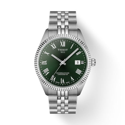 Tissot watch with green dial and silver bracelet on a white background