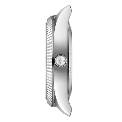 Silver watch with brand logo on a white background