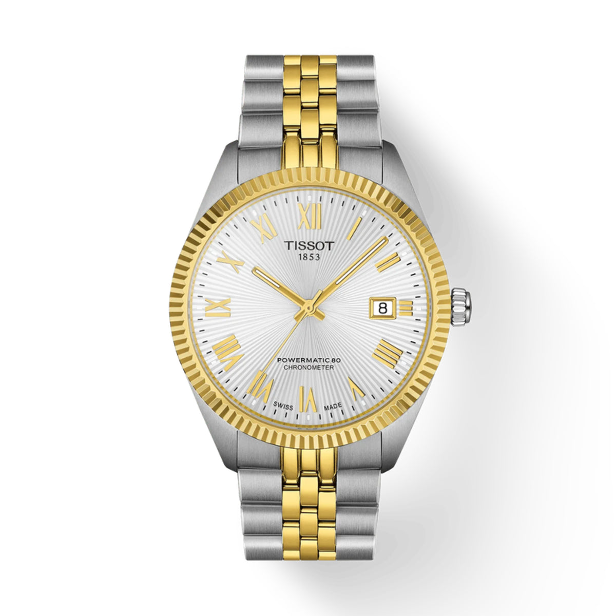 Tissot watch with two-tone gold and silver bracelet on a white background