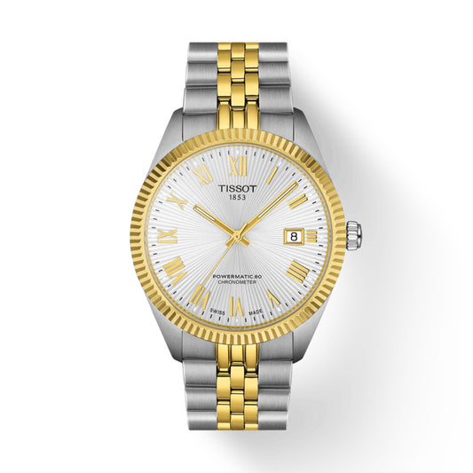 Tissot watch with two-tone gold and silver bracelet on a white background