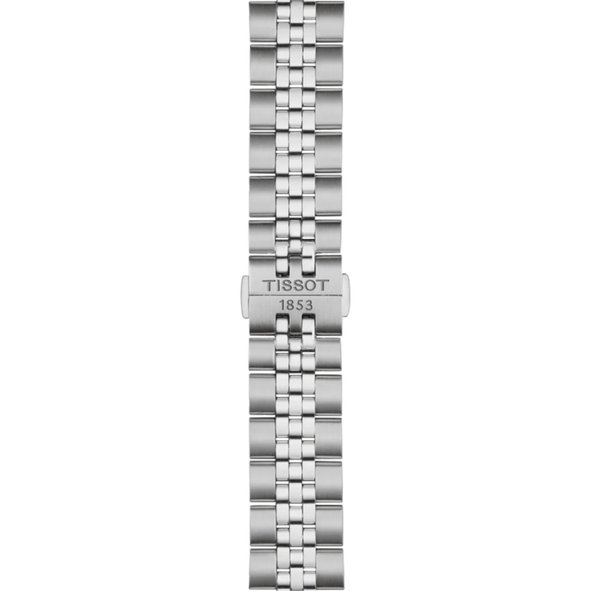 Silver watch strap with Tissot logo on a white background