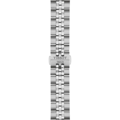 Silver watch strap with Tissot logo on a white background