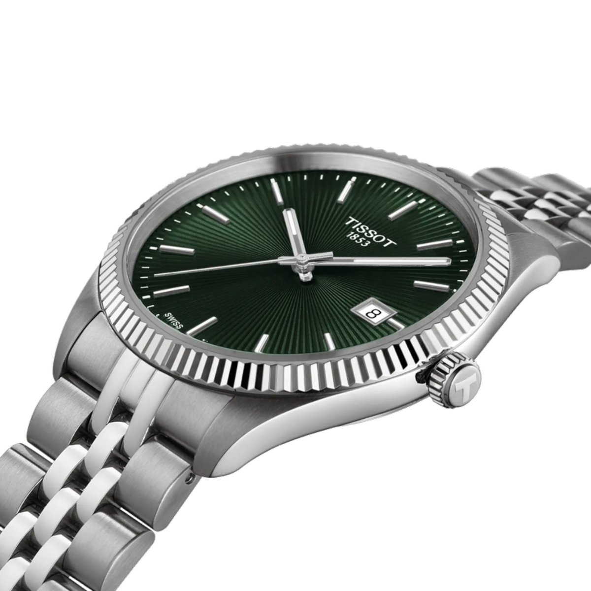 Tissot watch with green dial and silver metal bracelet on a white background
