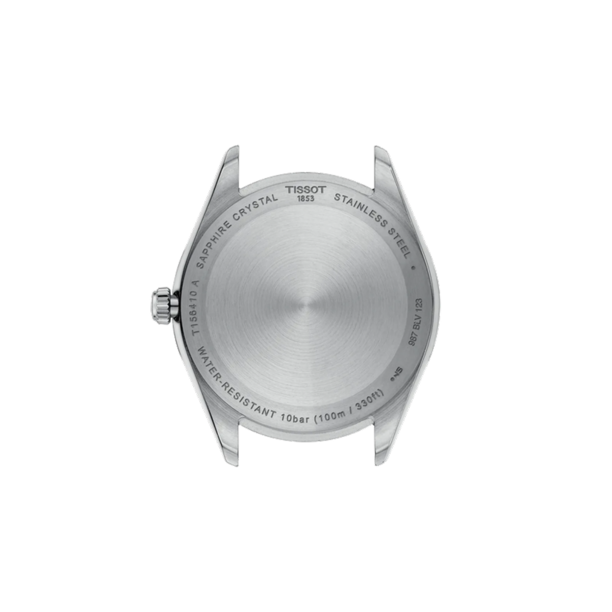 Back view of a Tissot watch with branding and specifications on a white background
