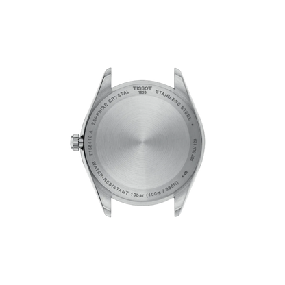 Back view of a Tissot watch with branding and specifications on a white background