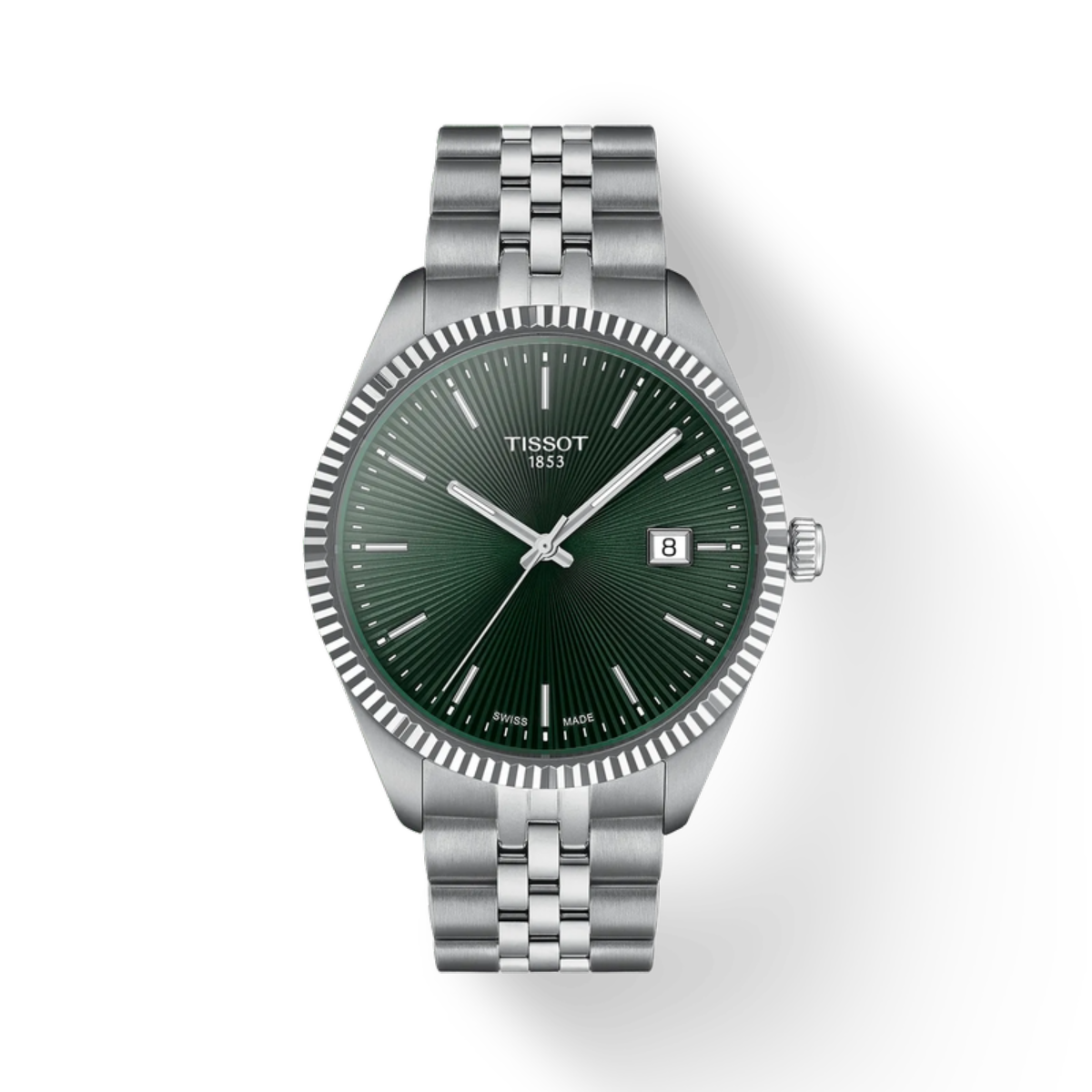 Tissot watch with green dial and silver bracelet on a white background