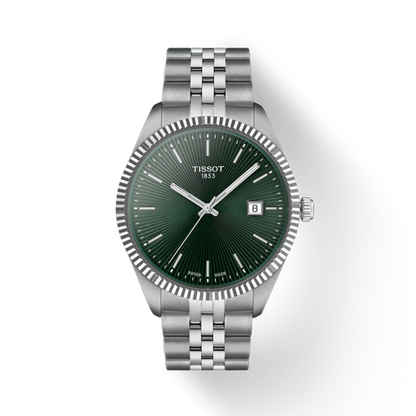 Tissot watch with green dial and silver bracelet on a white background