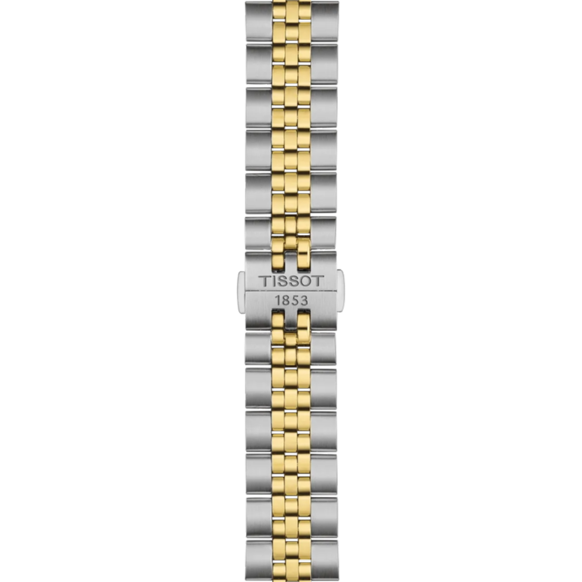 Two-tone watch strap with Tissot logo on a white background