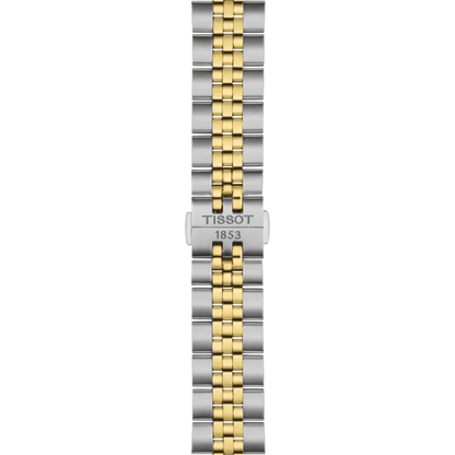 Two-tone watch strap with Tissot logo on a white background