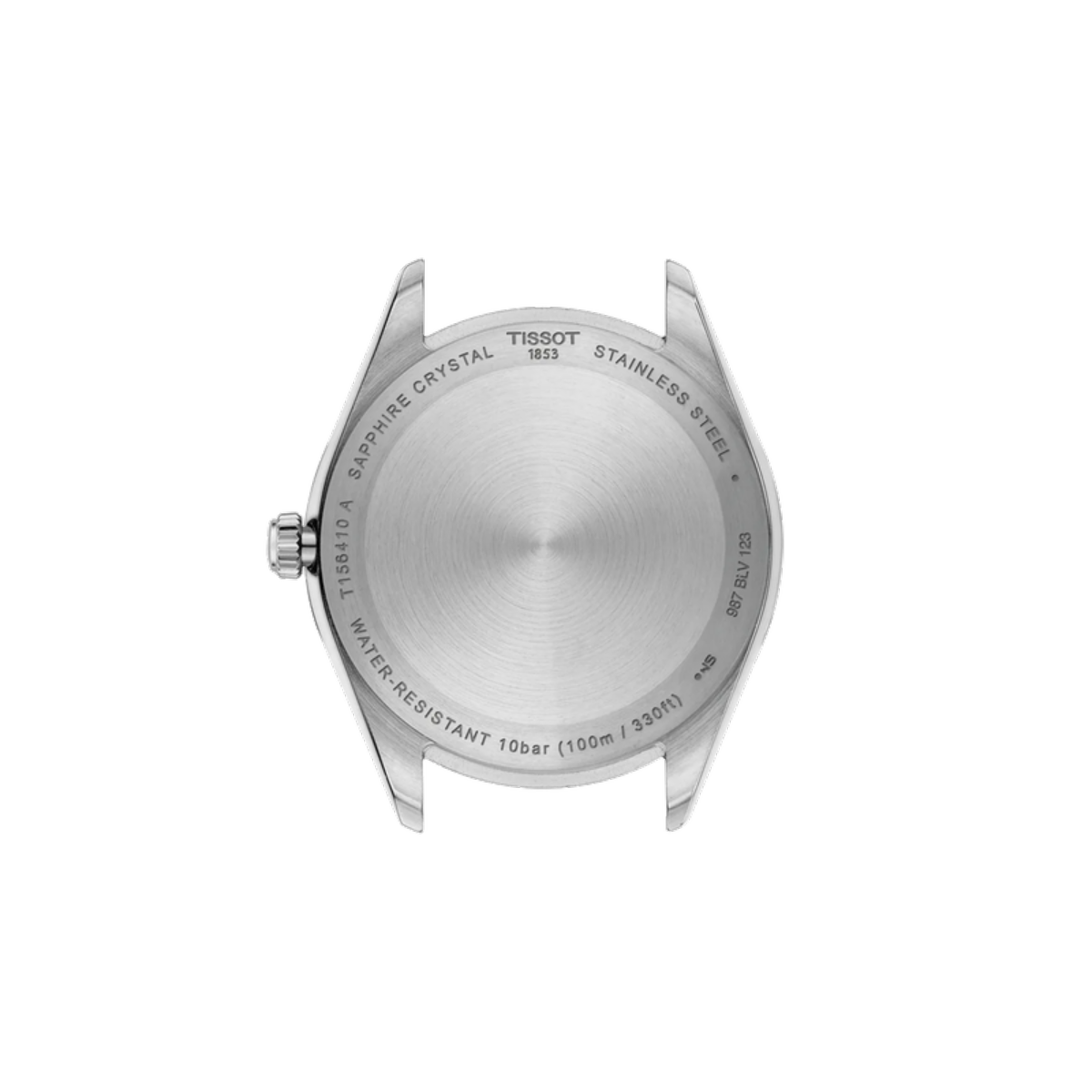 Close-up of a Tissot watch case on a white background