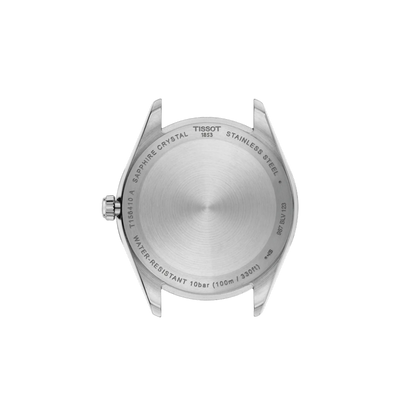 Close-up of a Tissot watch case on a white background