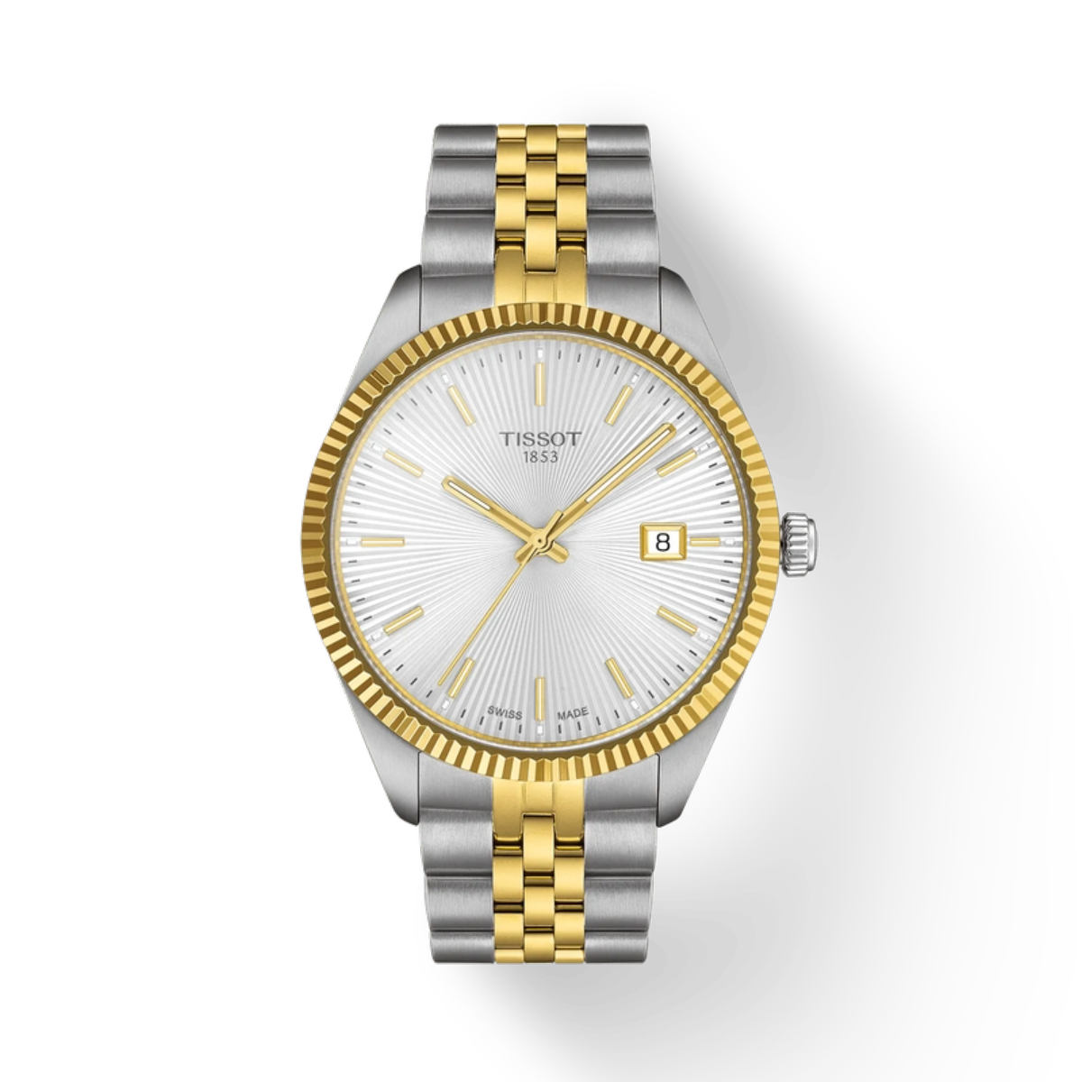 Tissot watch with silver and gold band on a white background
