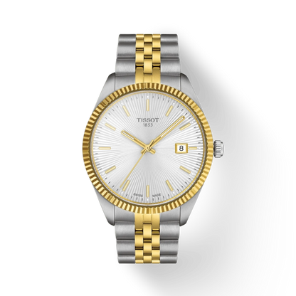 Tissot watch with silver and gold band on a white background