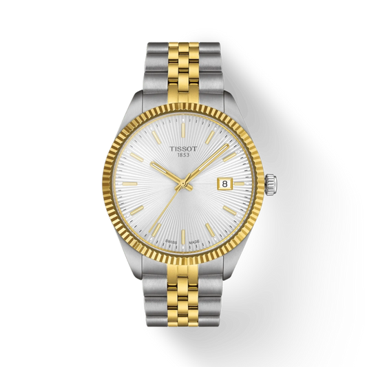 Tissot watch with silver and gold band on a white background