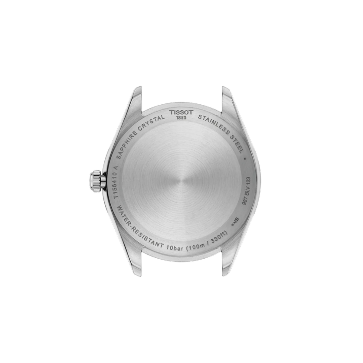 Close-up of a Tissot watch case on a white background