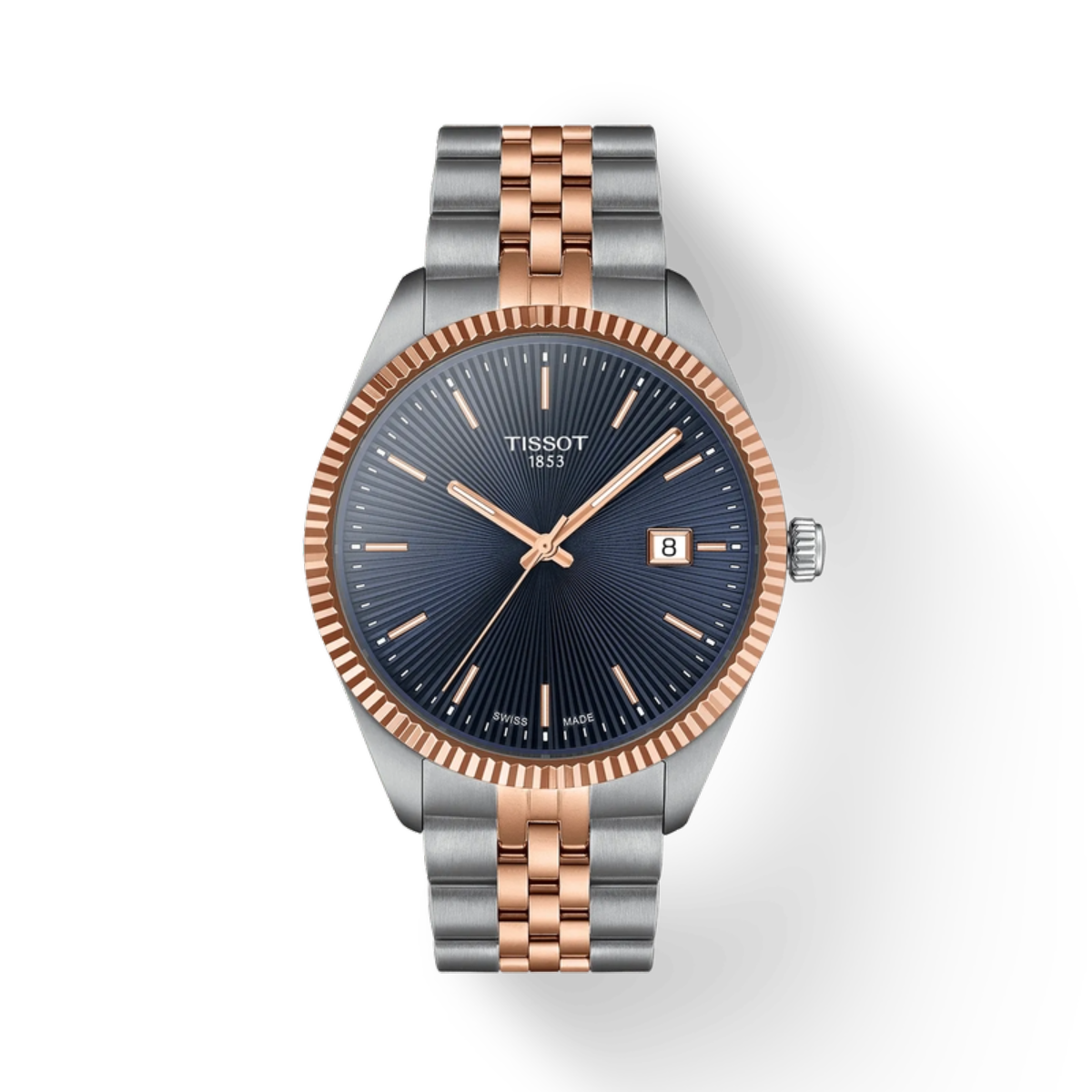 Tissot watch with rose gold and silver band on white background