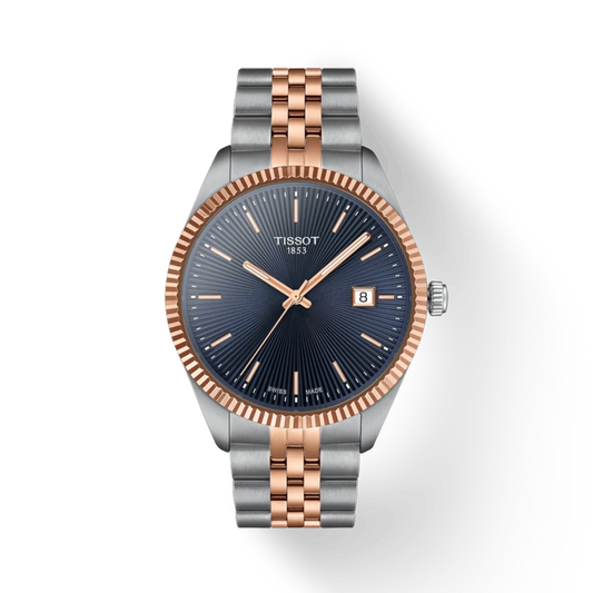 Tissot watch with rose gold and silver band on white background