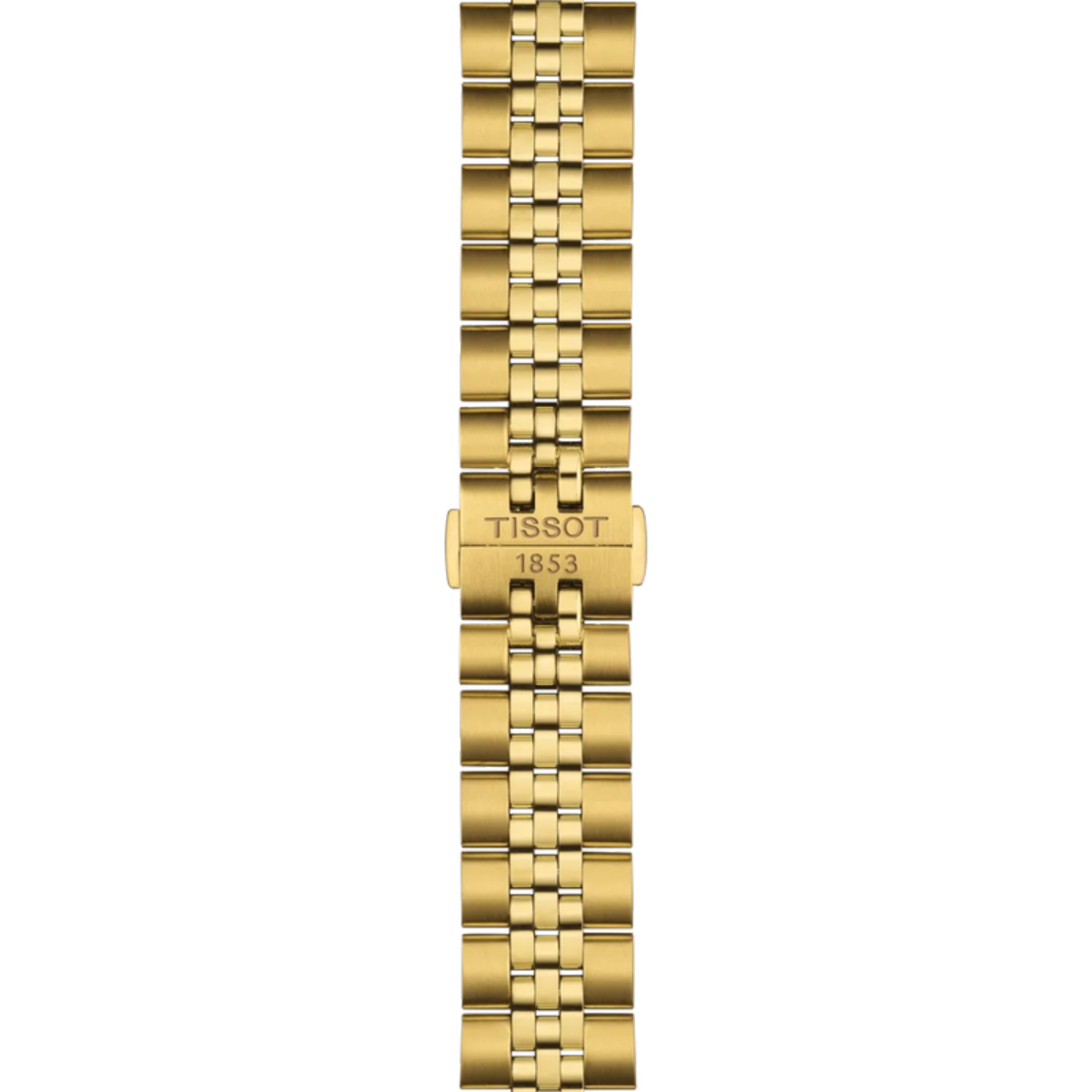 Gold watch bracelet with Tissot logo on a white background