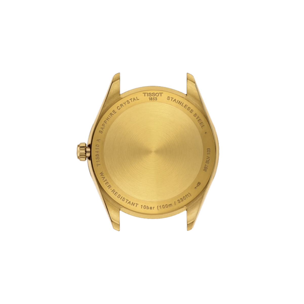 Gold watch case with Tissot branding on a white background