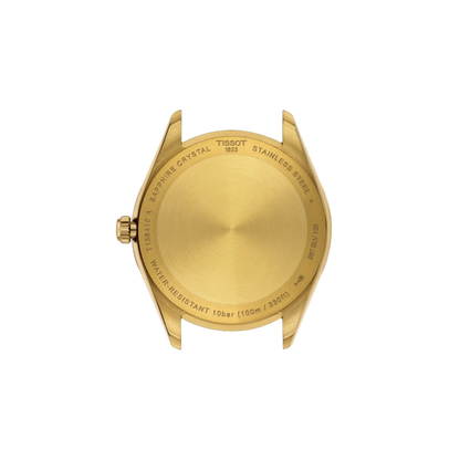 Gold watch case with Tissot branding on a white background