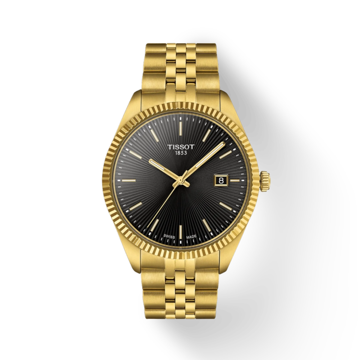 Gold Tissot watch with black dial on a white background