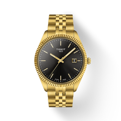 Gold Tissot watch with black dial on a white background