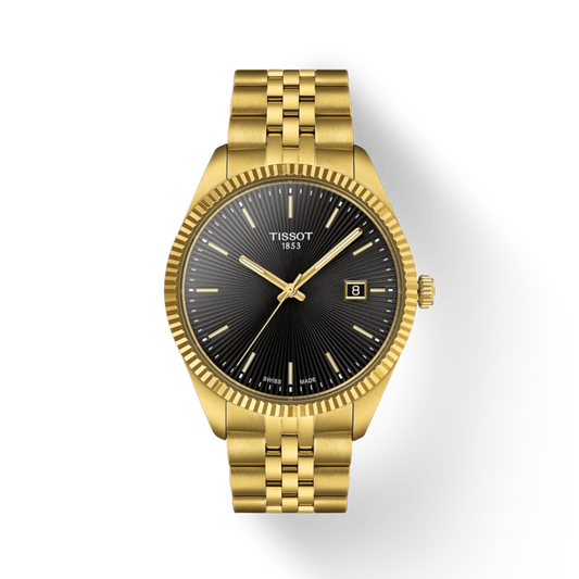 Gold Tissot watch with black dial on a white background