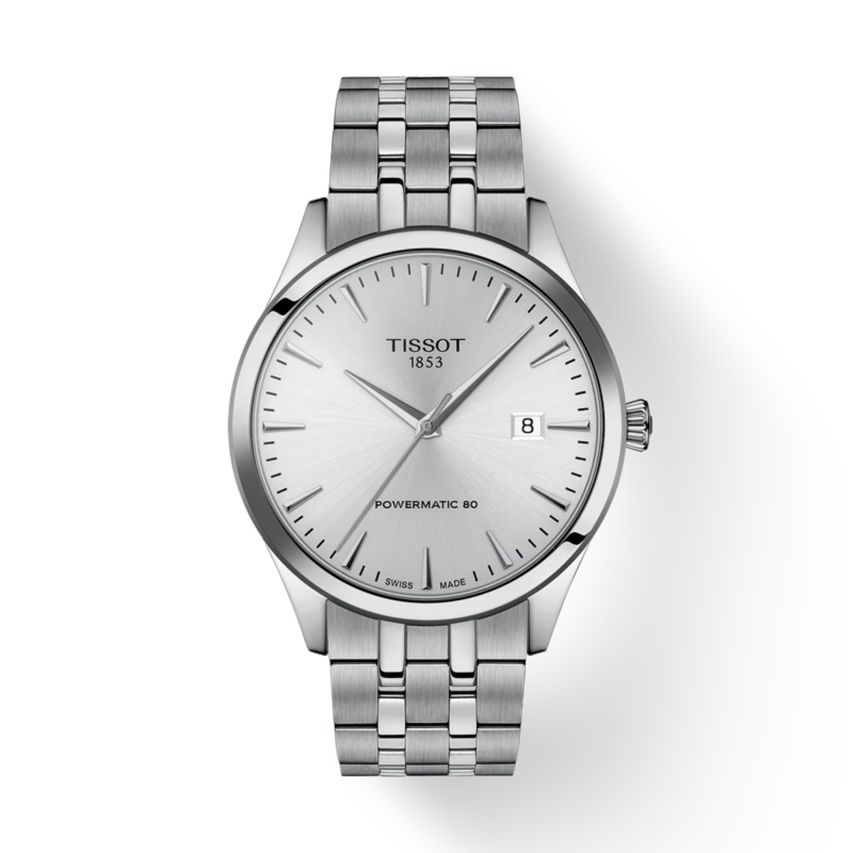 Silver Tissot watch with a white face on a light gray background