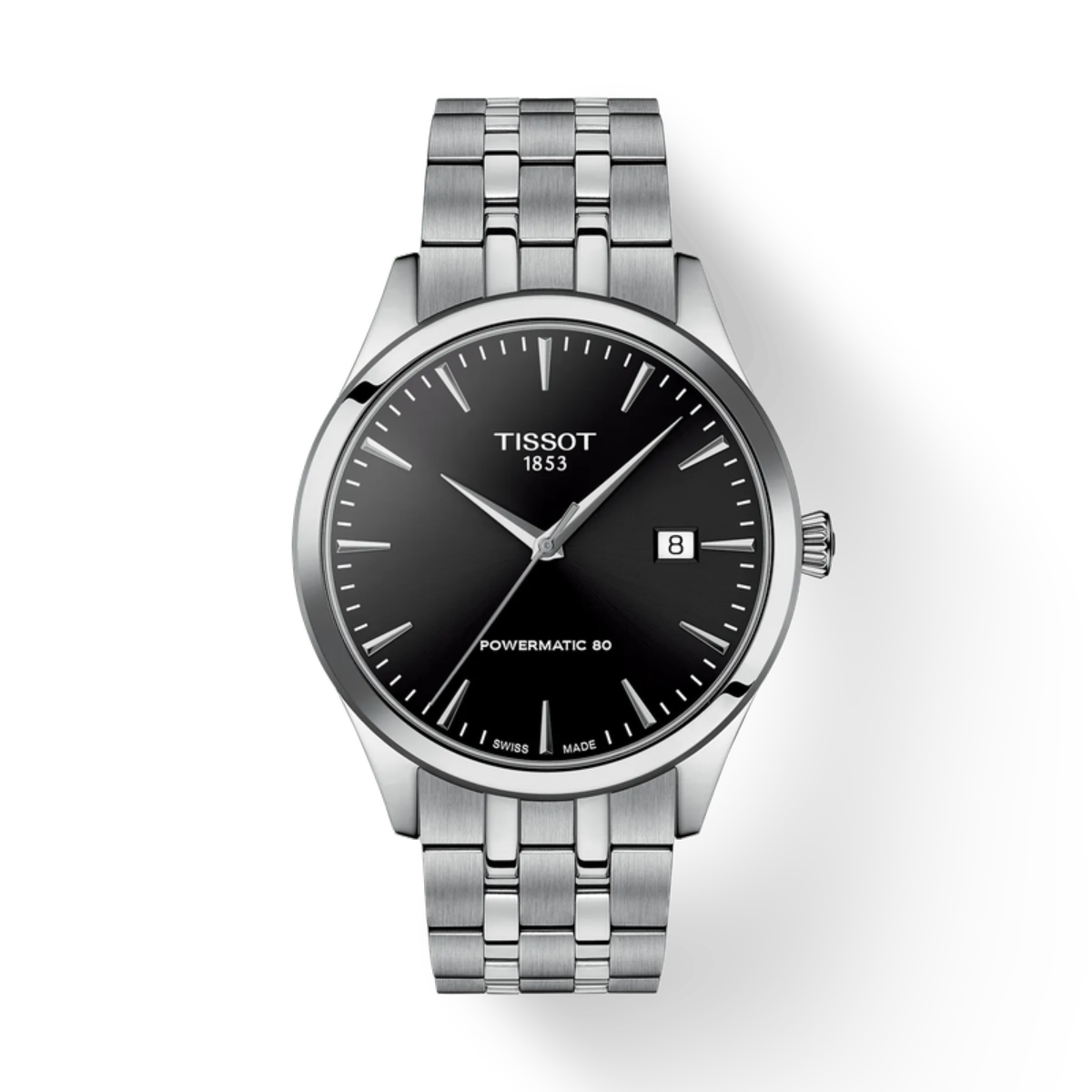 Tissot watch with black dial and silver metal bracelet on a white background