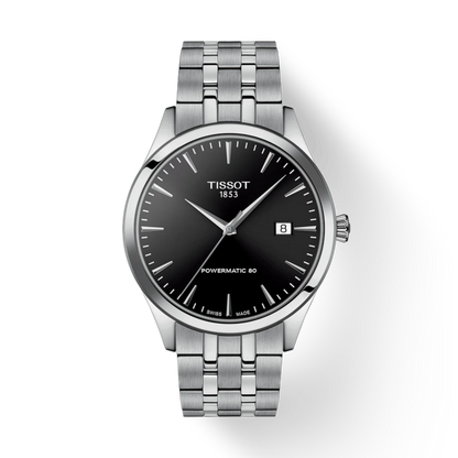 Tissot watch with black dial and silver metal bracelet on a white background