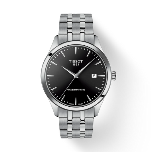 Tissot watch with black dial and silver metal bracelet on a white background