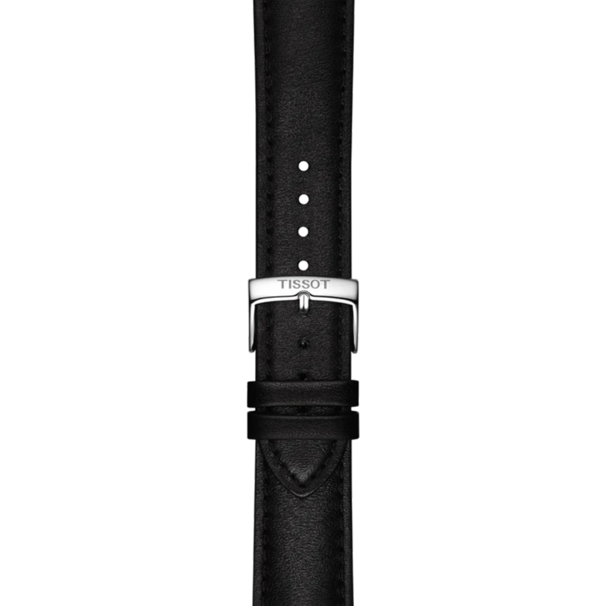 Black watch strap with silver Tissot buckle on a white background