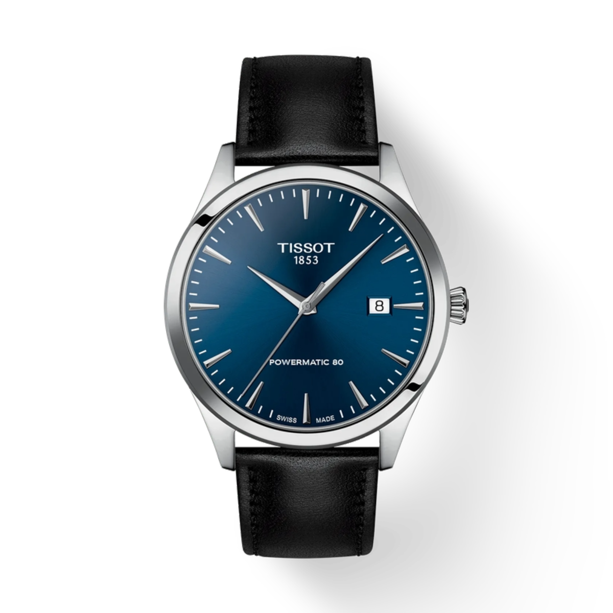 Tissot watch with black leather strap and blue dial on a white background