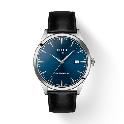 Tissot watch with black leather strap and blue dial on a white background