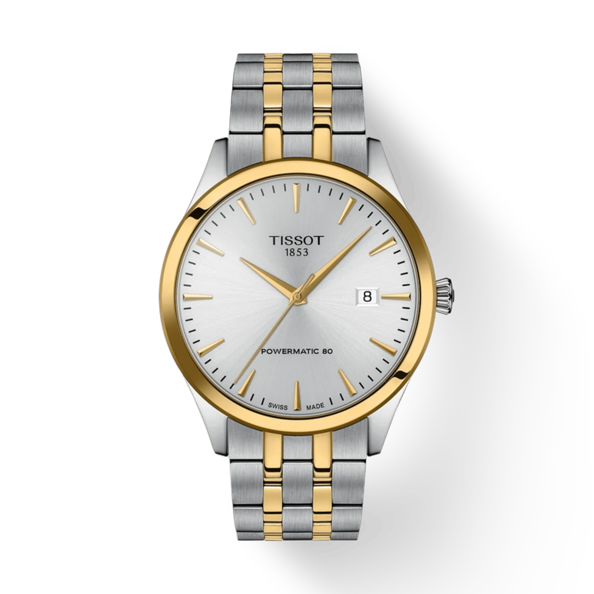 Tissot watch with two-tone metal strap on a white background