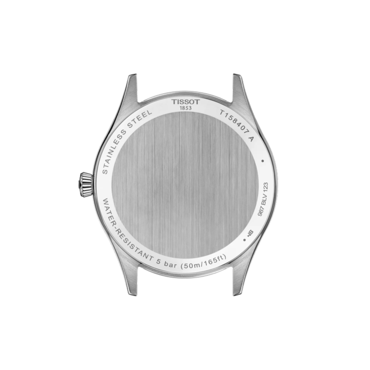 Tissot watch case back on a white background