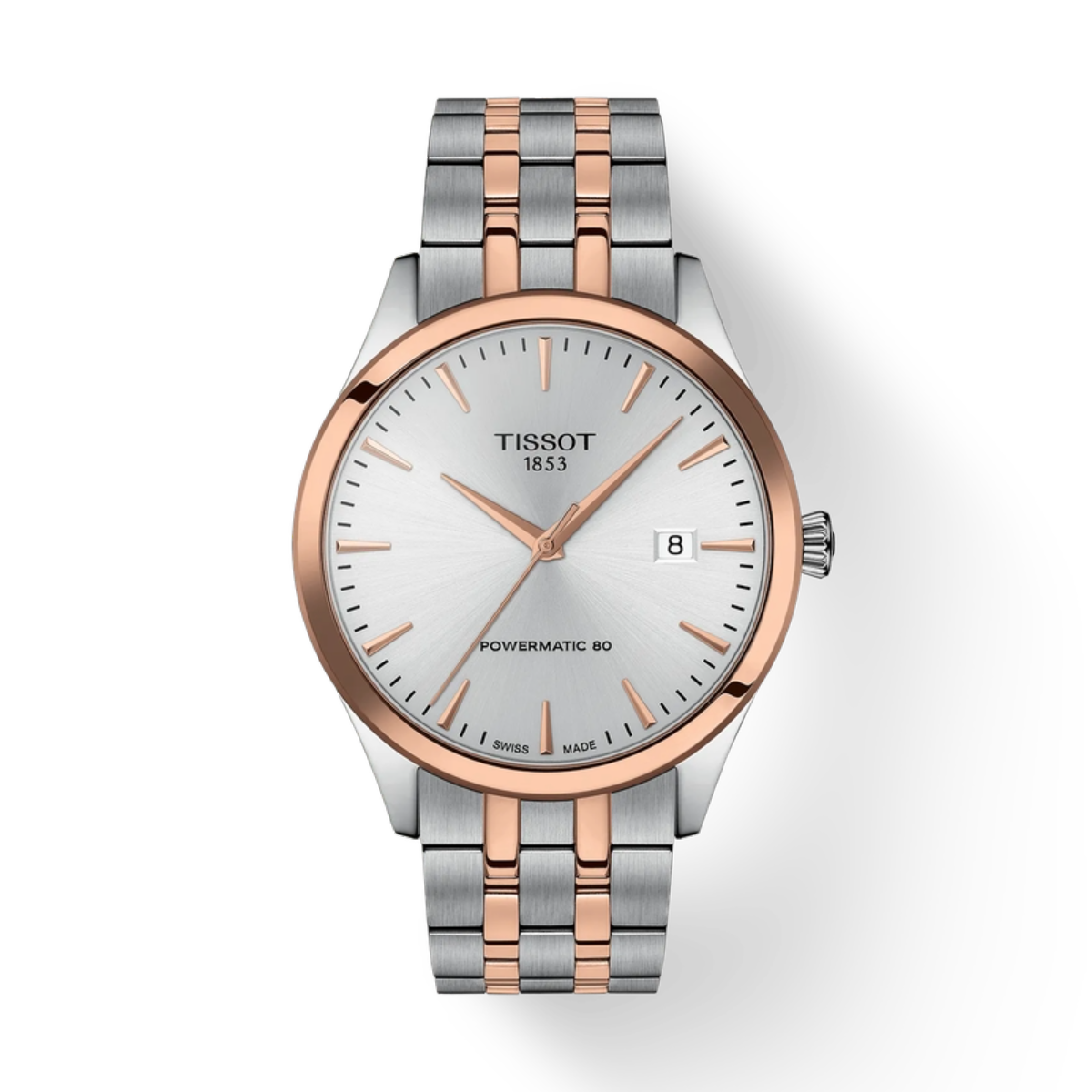 Tissot watch with two-tone rose gold and silver bracelet on a white background