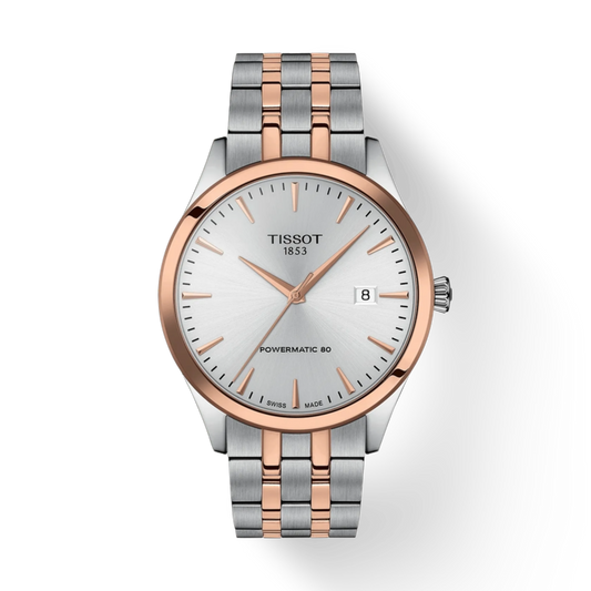 Tissot watch with two-tone rose gold and silver bracelet on a white background