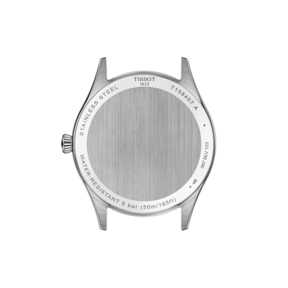 Tissot watch case back on a white background