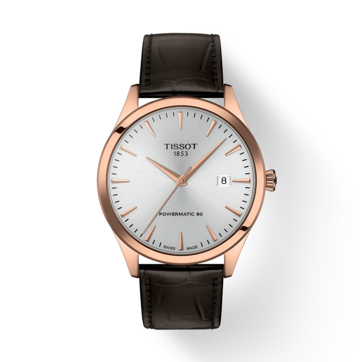 Tissot watch with black leather strap and rose gold case on white background