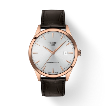 Tissot watch with black leather strap and rose gold case on white background