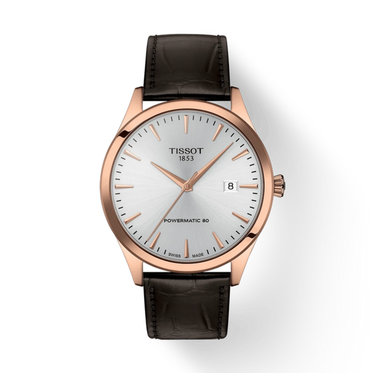 Tissot watch with black leather strap and rose gold case on white background