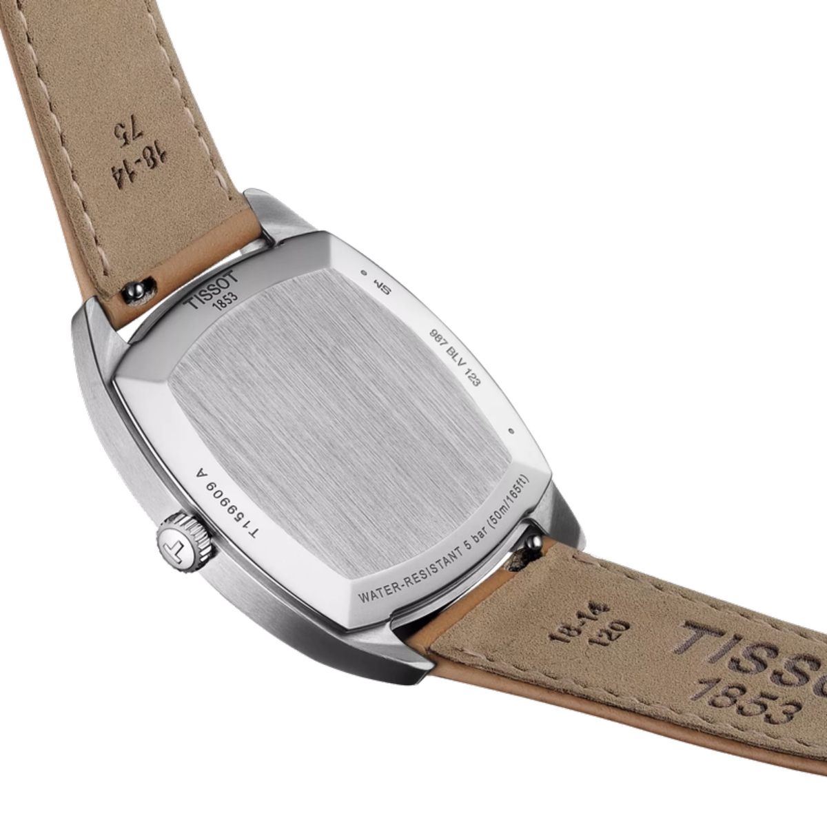 Close-up of a Tissot watch with a brown leather strap on a white background