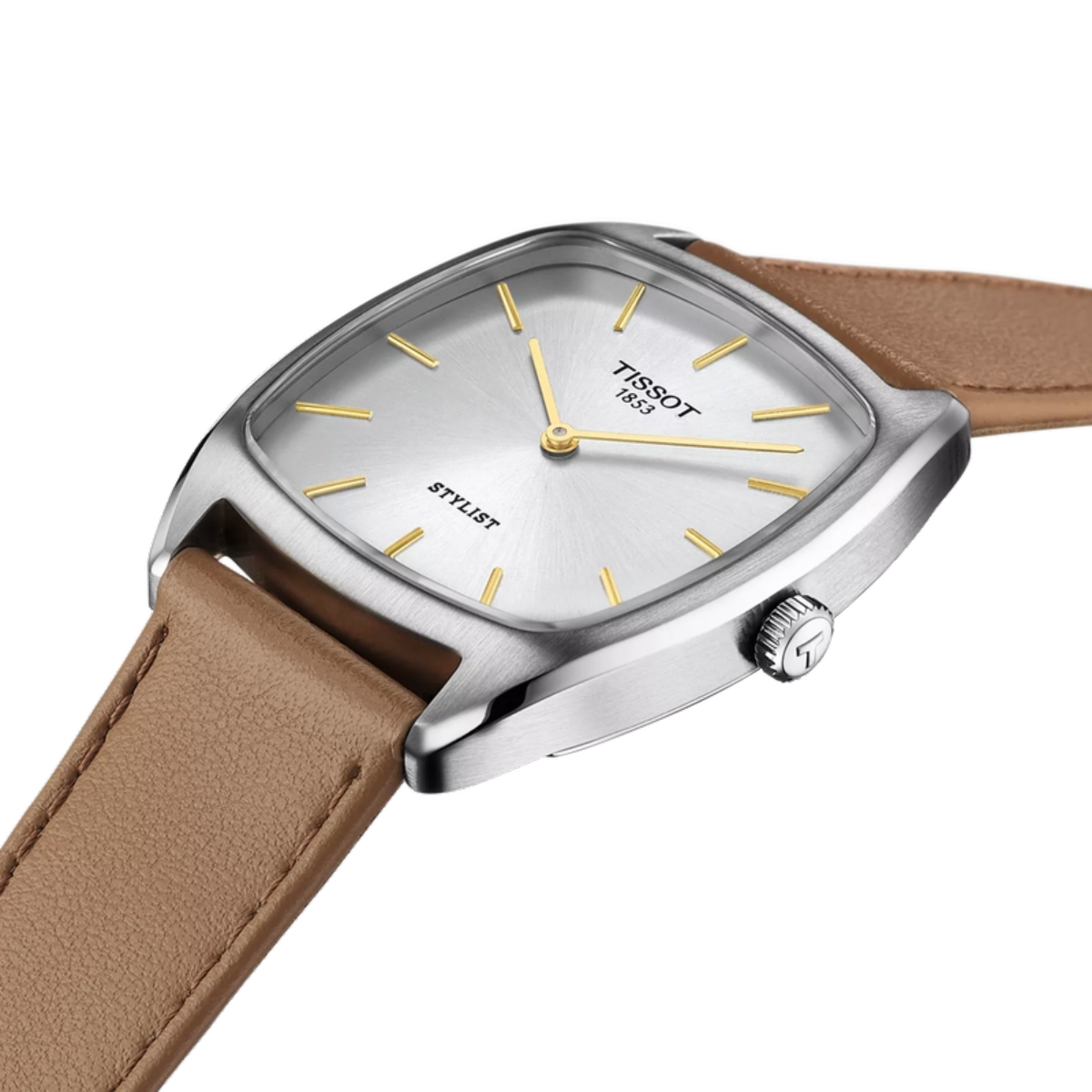 Tissot watch with brown leather strap on a white background